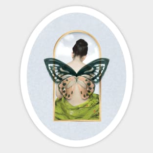 Woman with Butterfly Wings on a Golden Framed Window modern art design Sticker